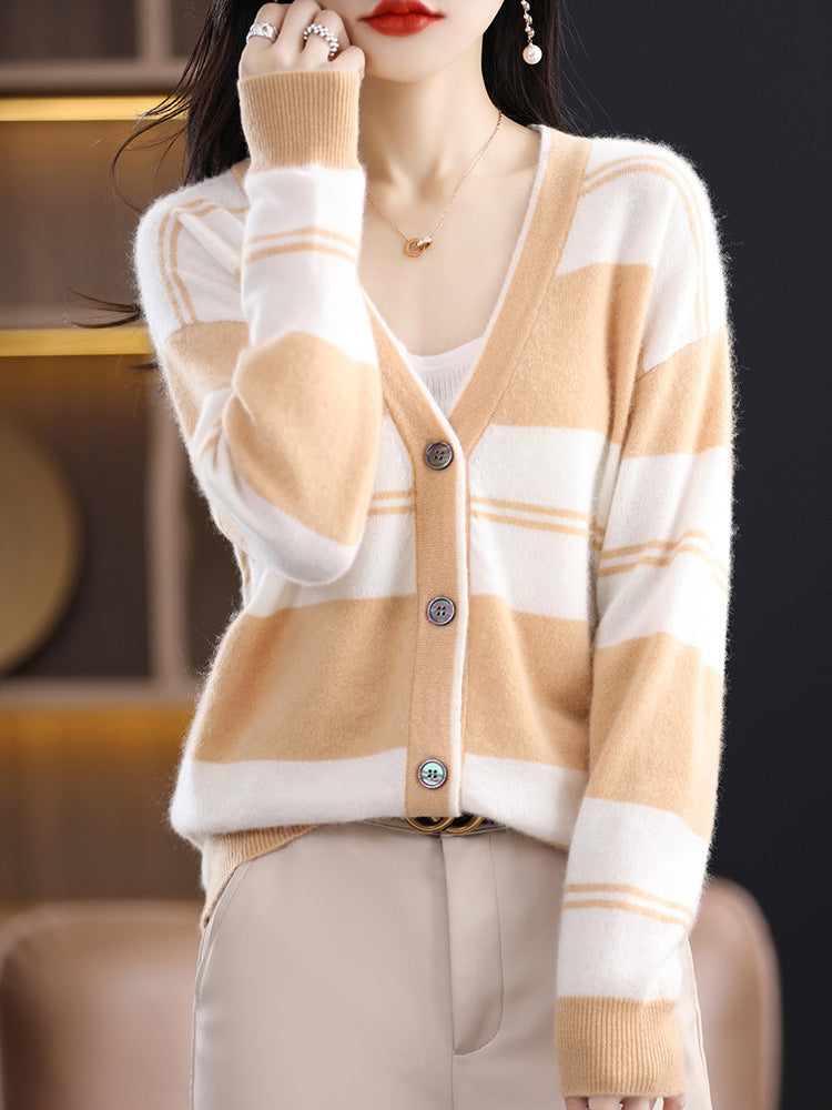 Cardigan midi pour femmes avec rayures, décolleté en V et manches longues