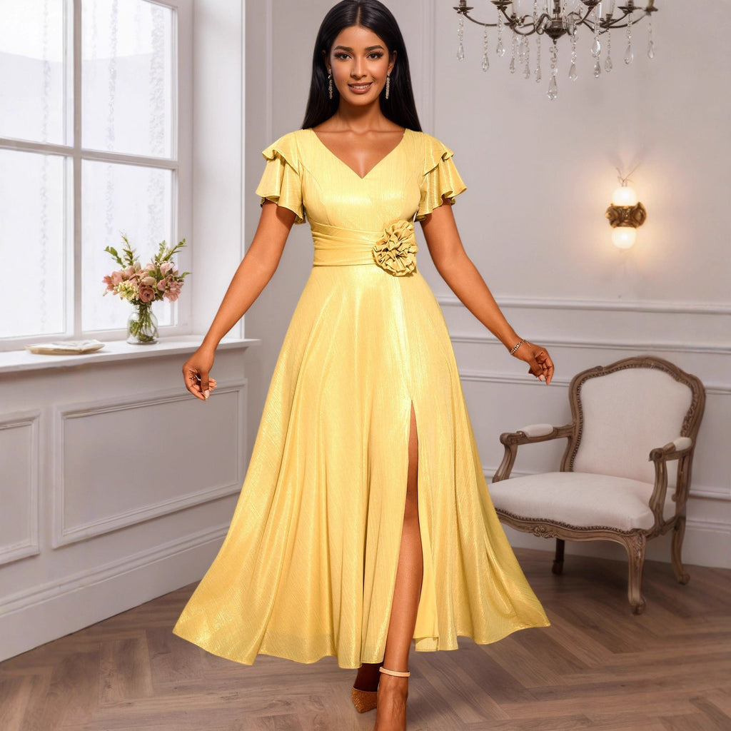 Robe de soirée glamour pour femmes avec décolleté en V élégant et volants volumineux R&B