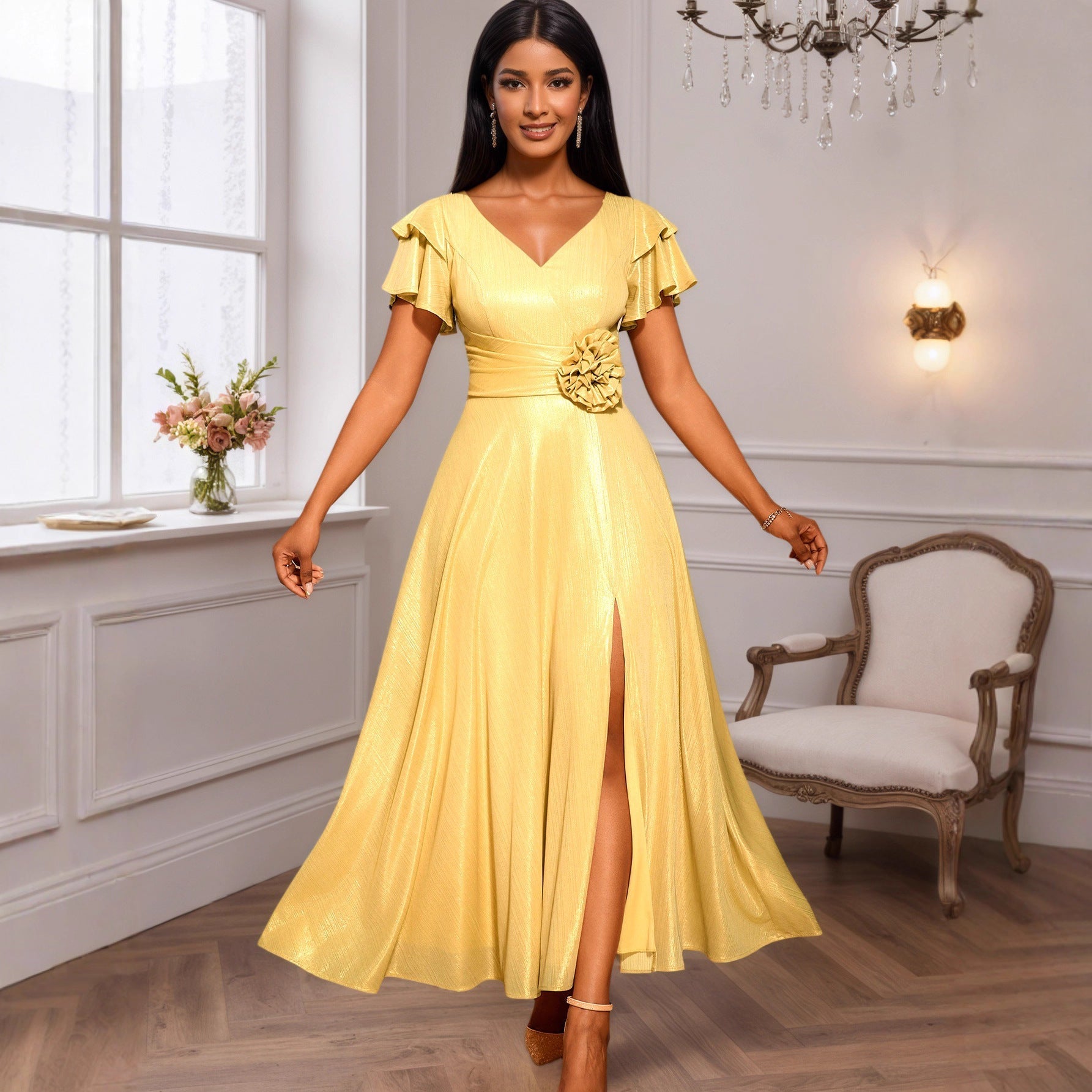 Robe de soirée glamour pour femmes avec décolleté en V élégant et volants volumineux R&B