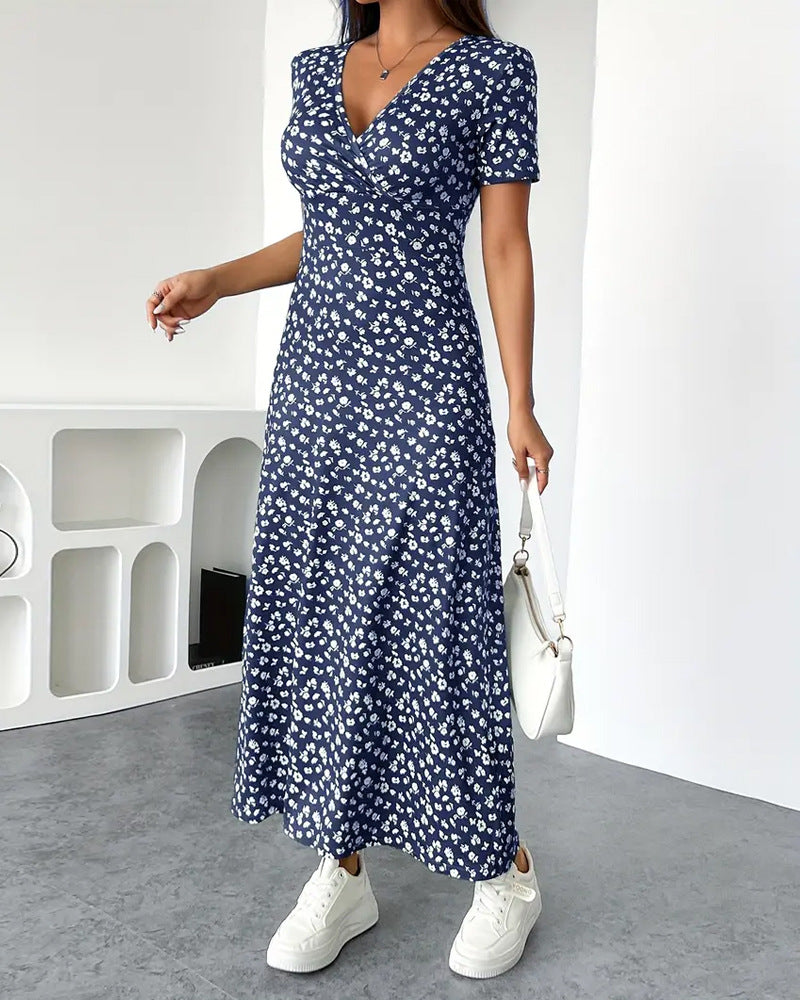 Robe midi en jersey cintrée pour femme avec haut croisé, manches courtes et jupe évasée R&B