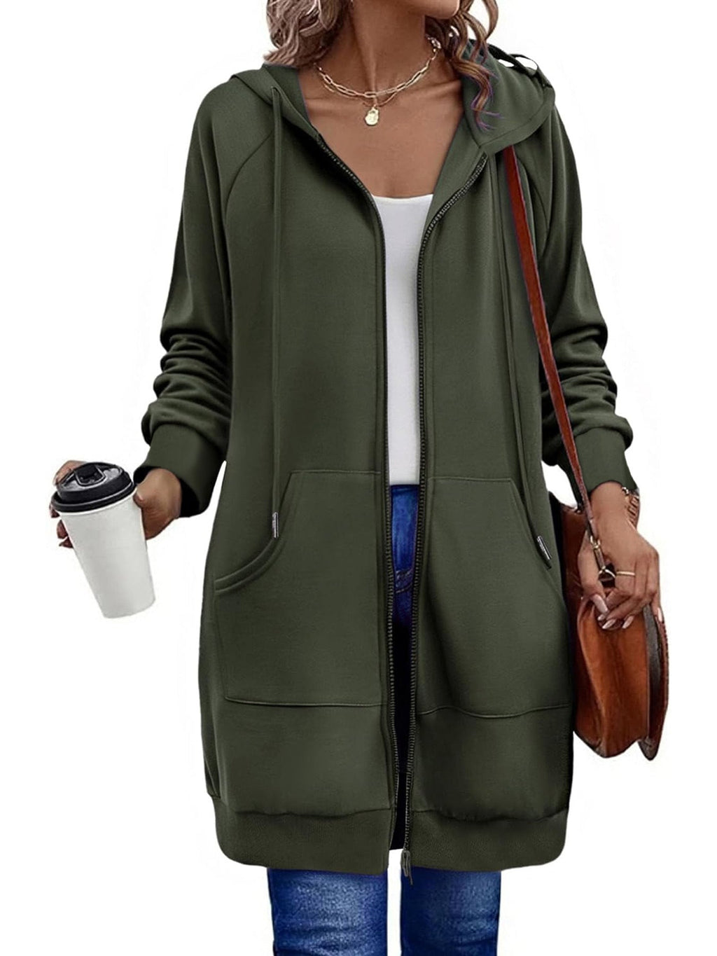 Sweat à capuche zippé long pour femmes avec silhouette oversize, poches kangourou et bords côtelés Echoarchiv