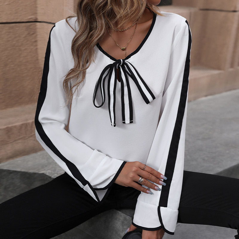 Chemisier en Chiffon Élégant pour Femmes avec Piping Contrasté, Nœud Décoratif et Manches Trompette