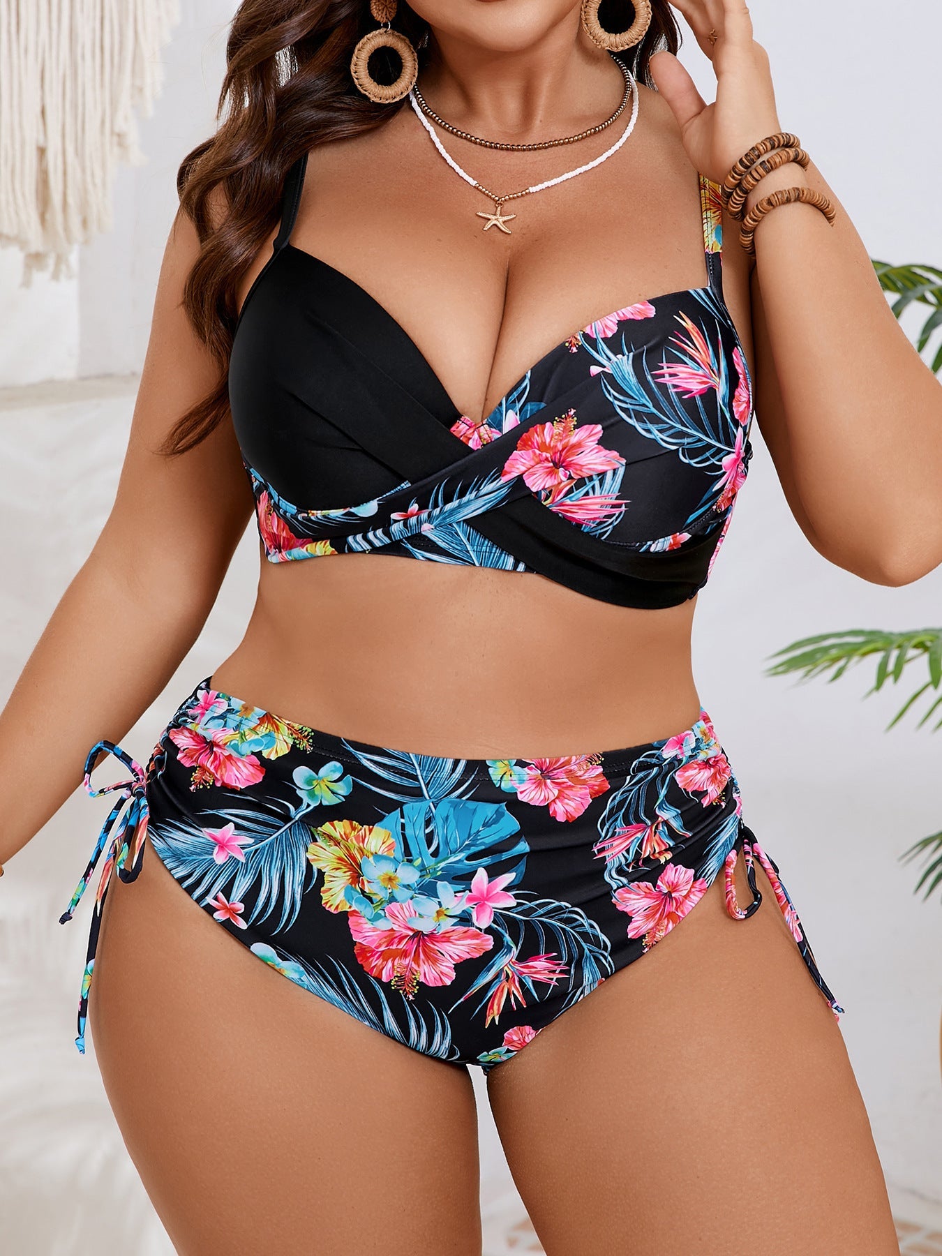 Ensemble de bikini taille haute pour femmes avec top enroulé floral R&B