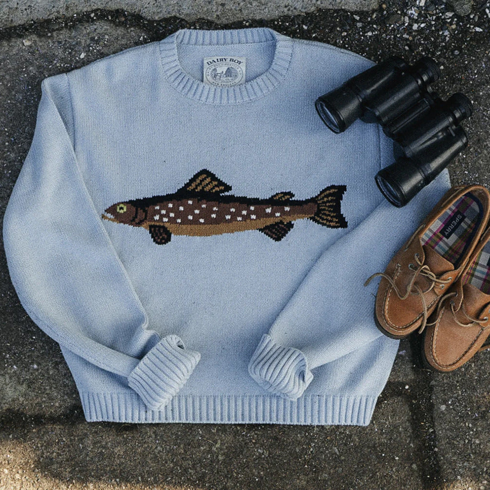 Pull-over en maille oversize pour femmes avec jacquard poisson, col montant et bords côtelés Echoarchiv
