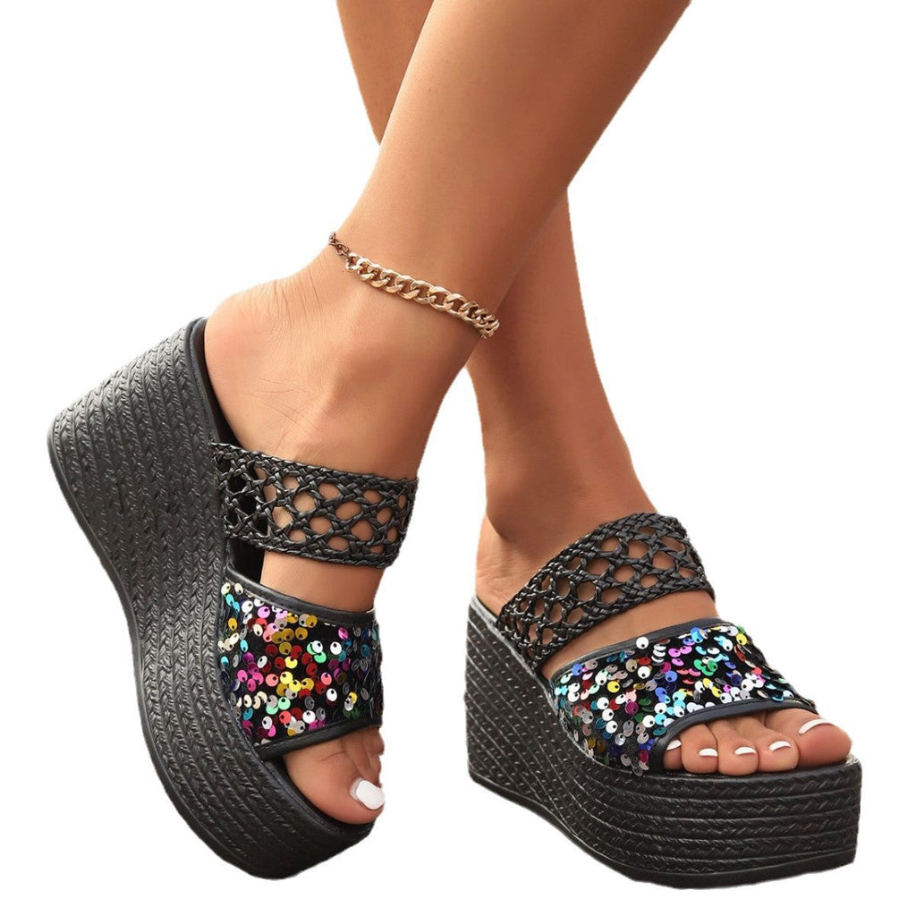 Pantoufles à talons compensés pour femmes avec paillettes scintillantes et matériau supérieur raffiné R&B
