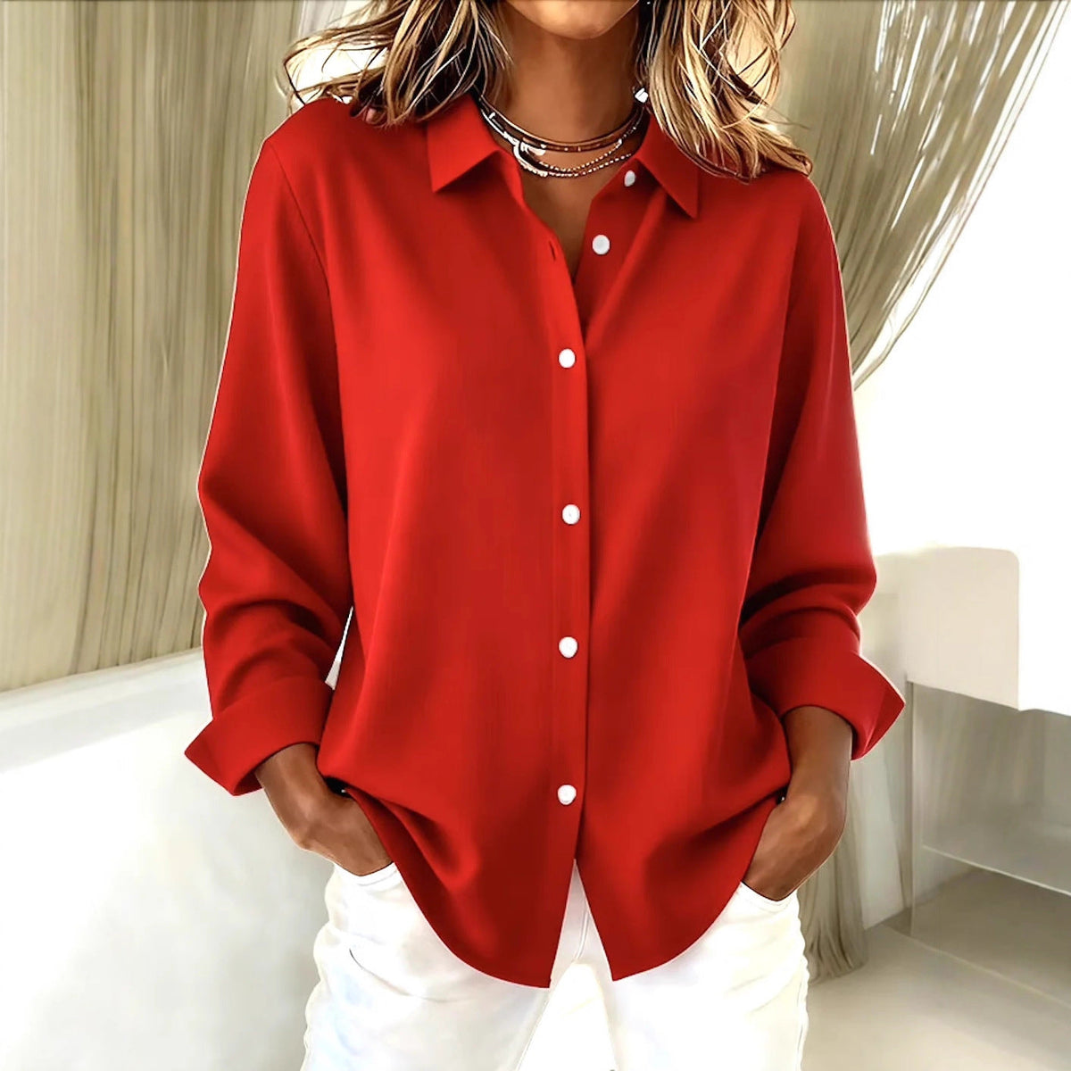 Chemisier oversize pour femmes avec col classique et patte de boutonnage cachée