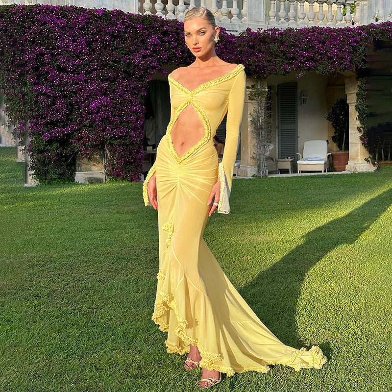 Robe maxi transparente pour femmes avec des détails de volants élégants et une coupe ajustée R&B