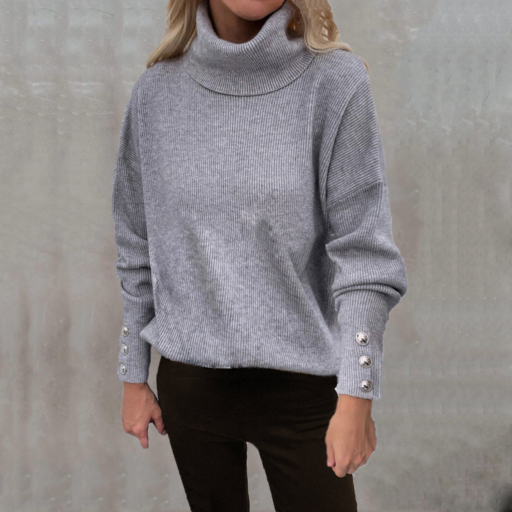 Pull à col roulé côtelé pour femmes avec coupe oversize et poignets à boutons décoratifs Echoarchiv