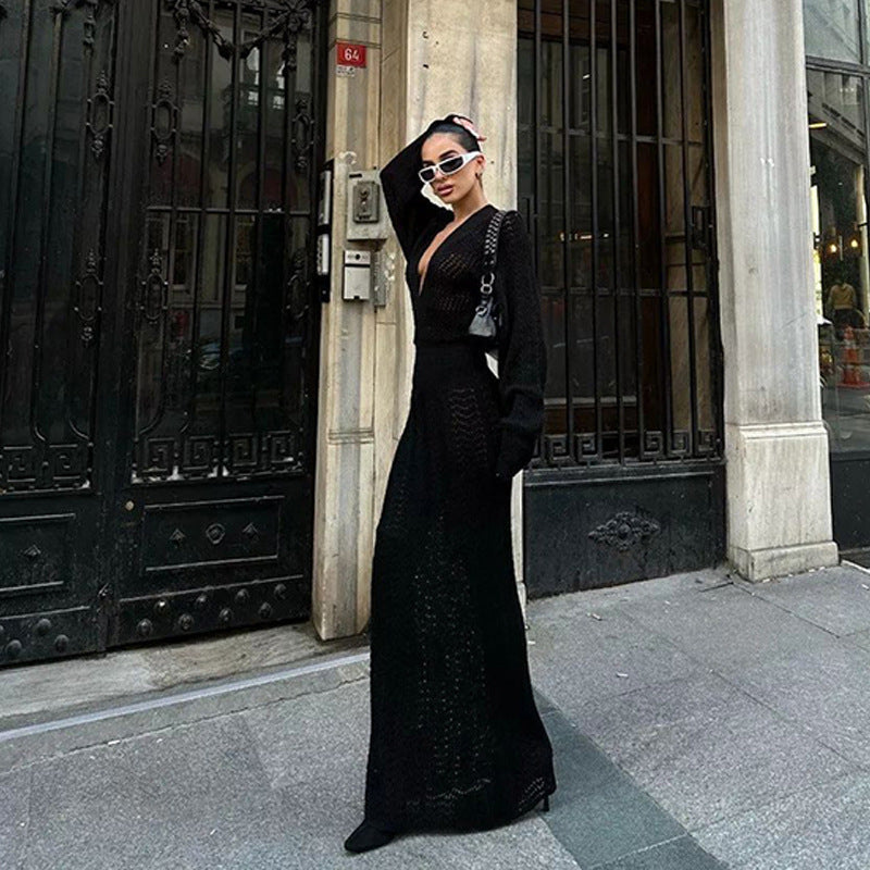 Robe maxi élégante en crochet pour femmes avec décolleté en V profond R&B