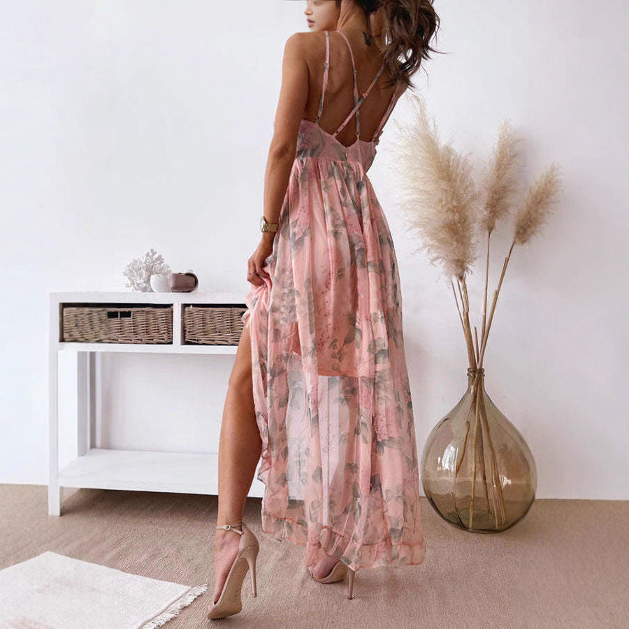 Robe maxi en chiffon romantique pour femmes avec bretelles spaghetti doubles, fronces sous la poitrine, jupe à volants en plusieurs couches et fente sur le côté R&B