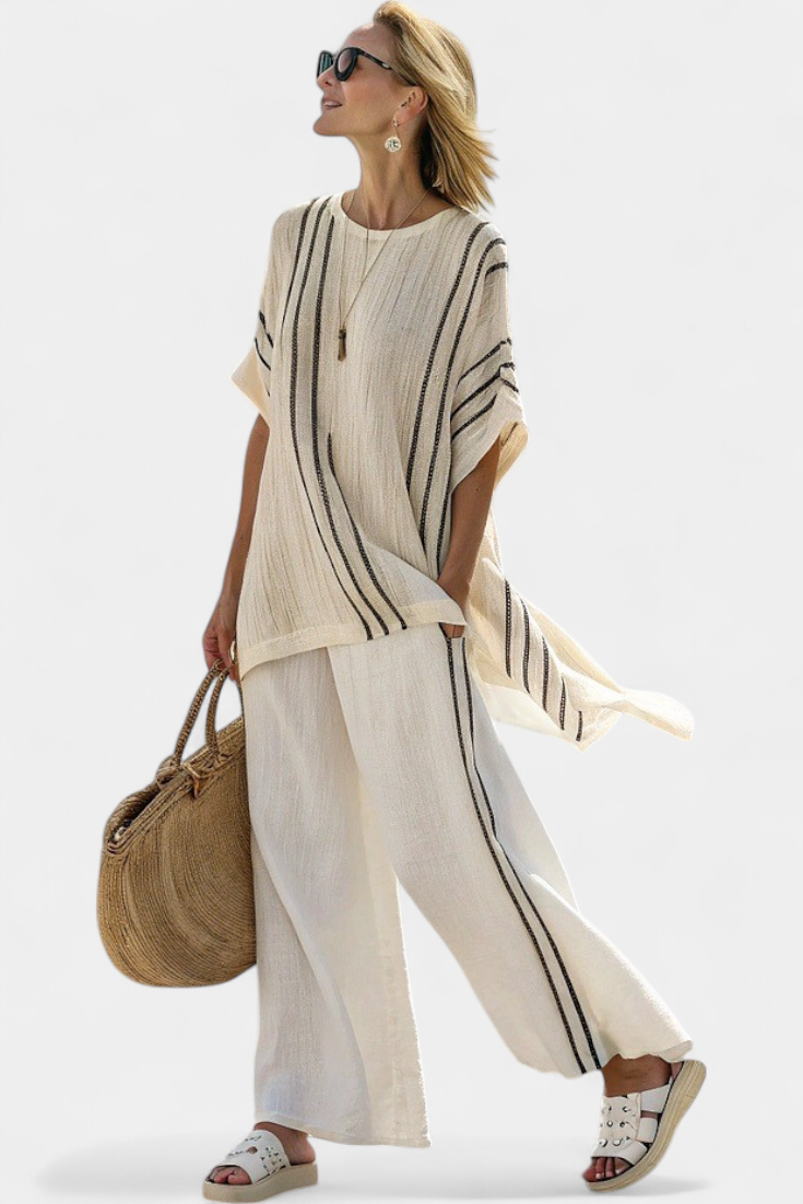 Greysen | Élégante Blouse en Lin Couleur Ivoire & Pantalons à Rayures Noires