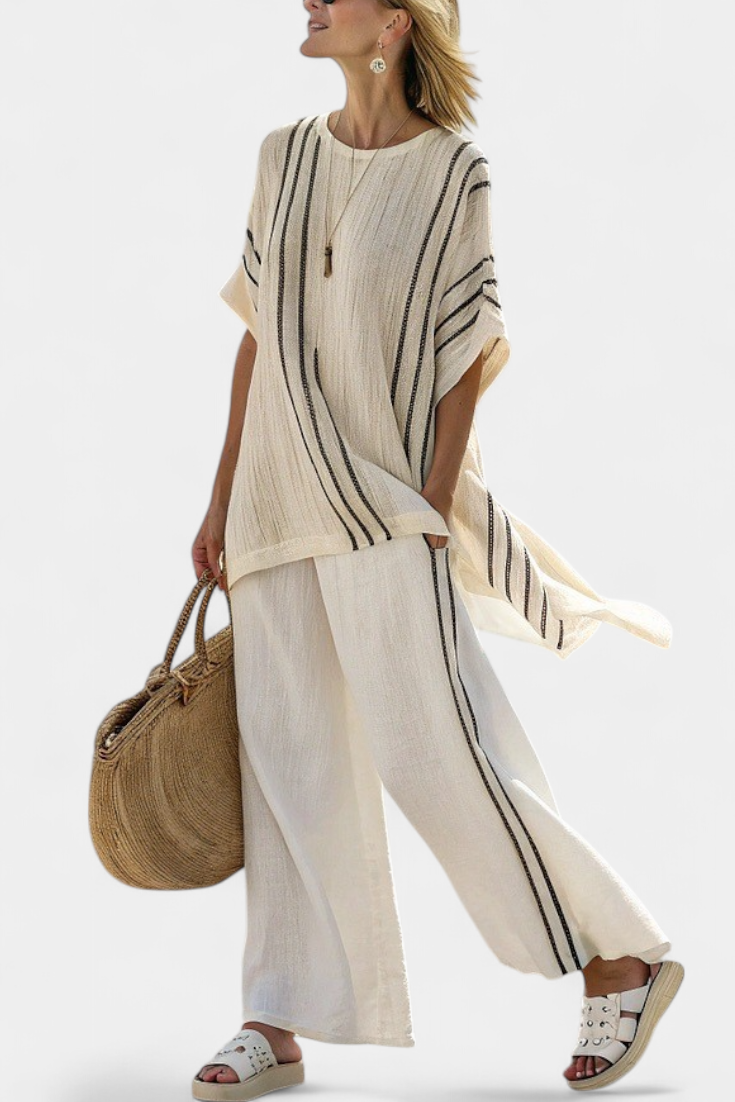 Greysen | Élégante Blouse en Lin Couleur Ivoire & Pantalons à Rayures Noires