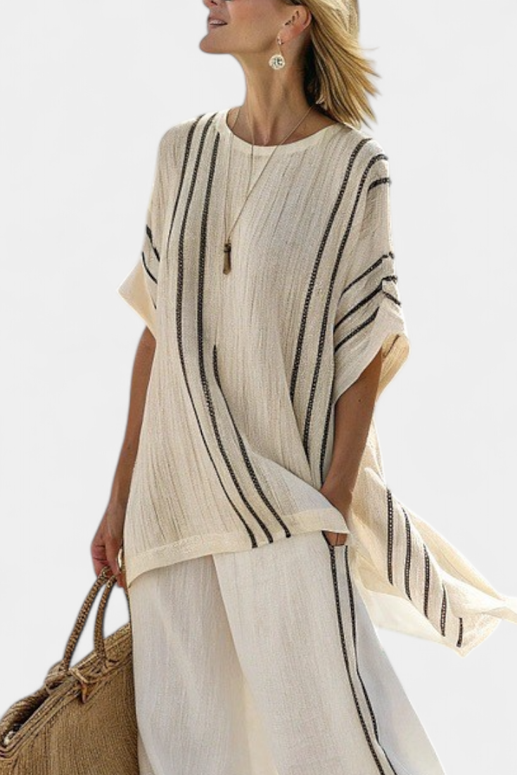 Greysen | Élégante Blouse en Lin Couleur Ivoire & Pantalons à Rayures Noires