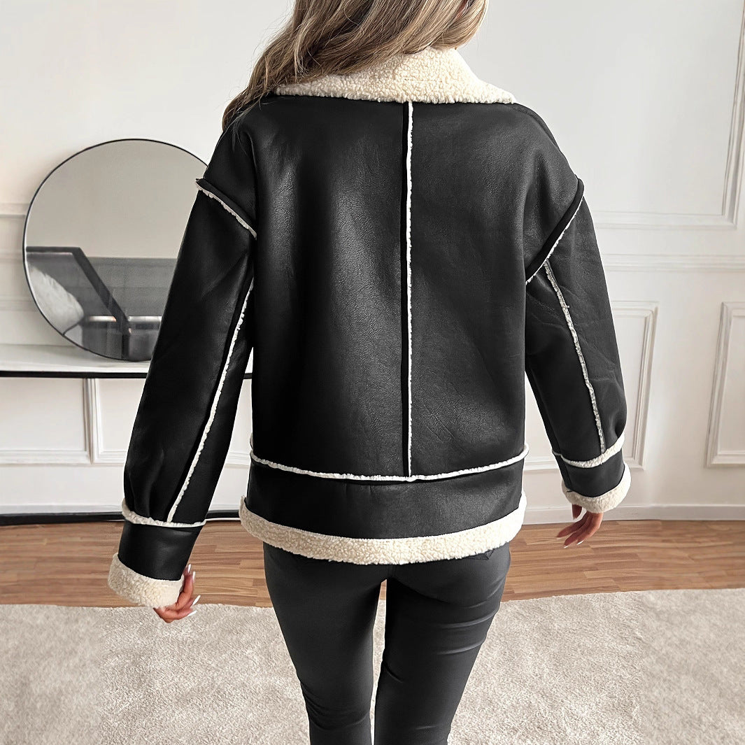 Veste en simili cuir pour femmes avec doublure en teddy