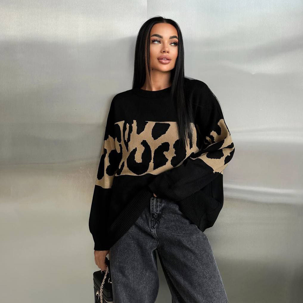Pull en maille oversized pour femmes avec bandes léopard, épaules tombantes et ourlet côtelé Echo Archiv