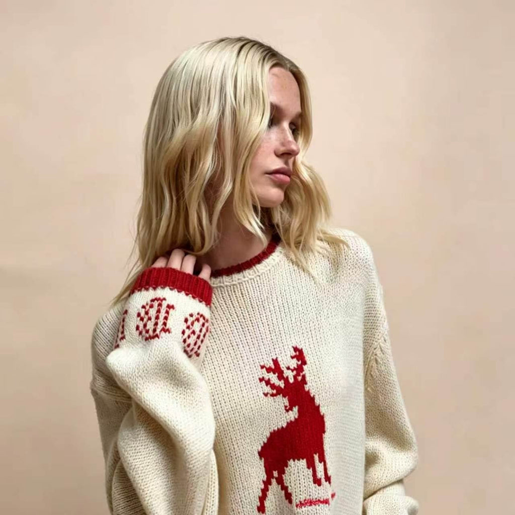 Pull en maille oversize pour femmes avec motif en intarsia de cerf, col rond et bords norvégiens Echoarchiv