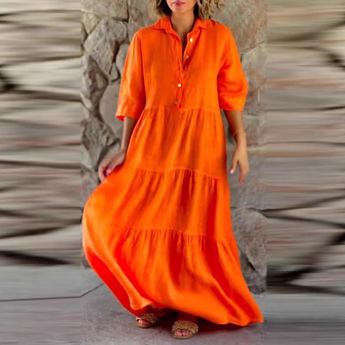 Robe maxi à volants en mélange de lin d'été pour femmes avec col chemise, taille froncée et manches mi-longues R&B