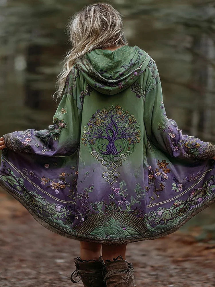 Manteau à capuche Boho pour femmes en coupe évasée avec motif arbre et dégradé Echoarchiv