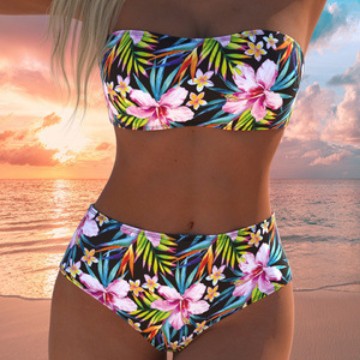 Ensemble de bikini bandeau pour femmes avec culotte taille haute et motif floral tropical R&B