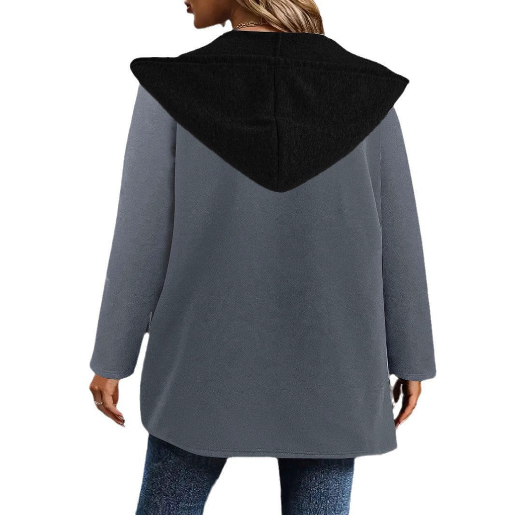 Cardigan long à capuche pour femmes avec garniture contrastante, cordon de serrage et poches Echoarchiv