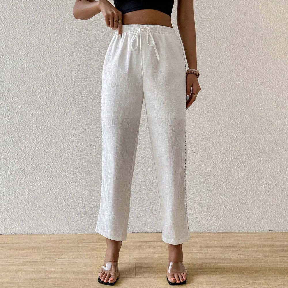 Pantalon décontracté en lin pour femmes avec taille élastique, cordon de serrage et insertion en dentelle latérale