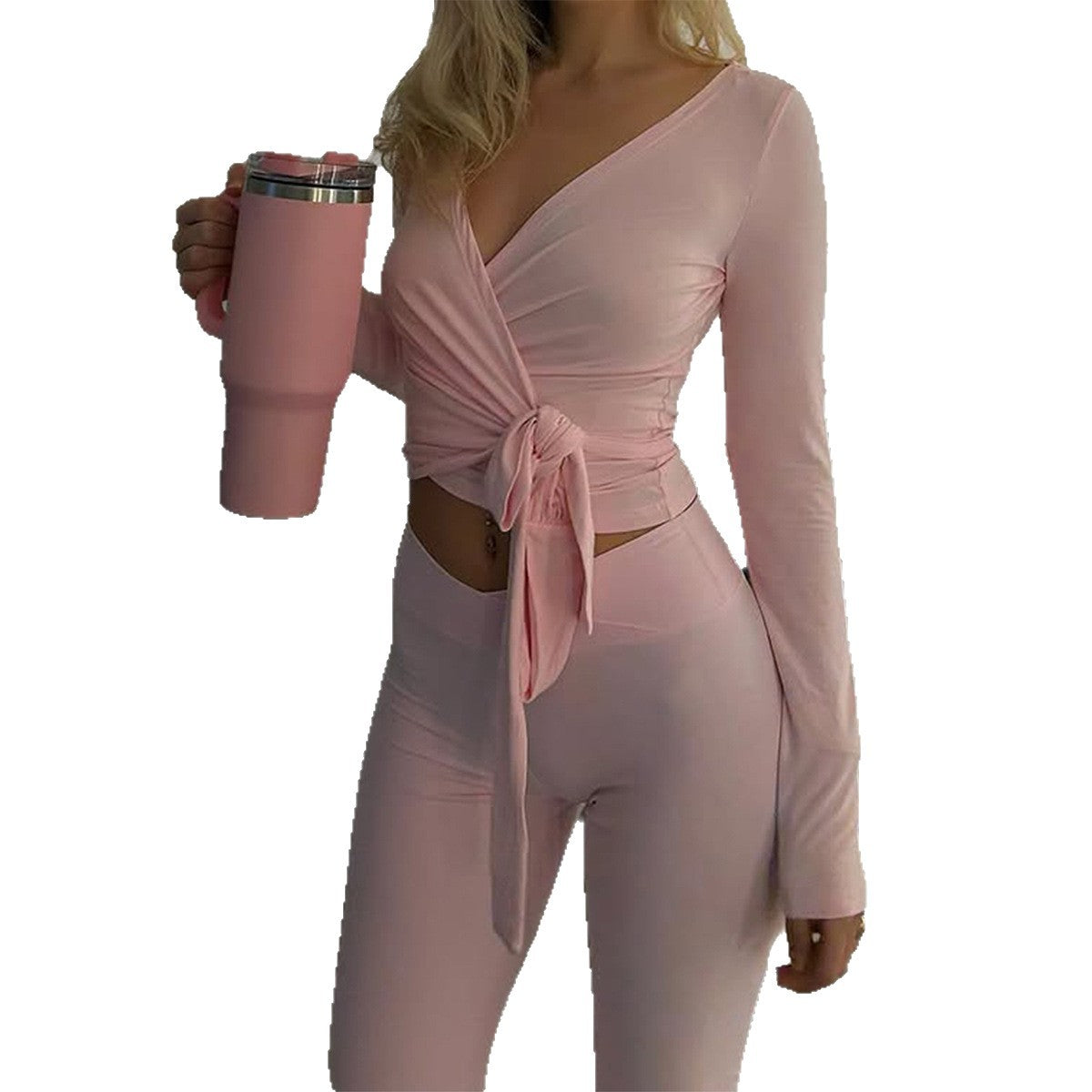 Ensemble de Top Cropped à Enveloppement avec Nœud et Leggings Bootcut Taille Haute pour Femmes Echo Archiv