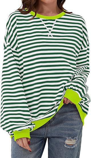 Sweat-shirt à rayures oversize décontracté pour femmes avec manches raglan et bords contrastés Echoarchiv