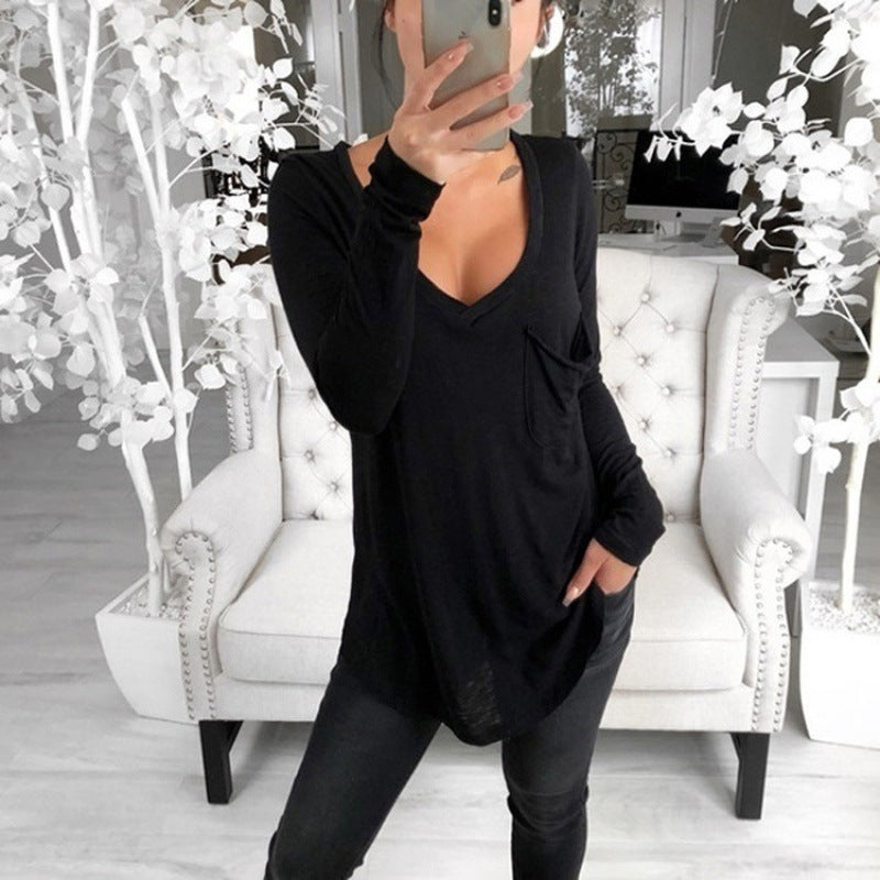 Tunique oversized décontractée pour femmes avec décolleté en V, poche poitrine et ourlet allongé Echo Archive