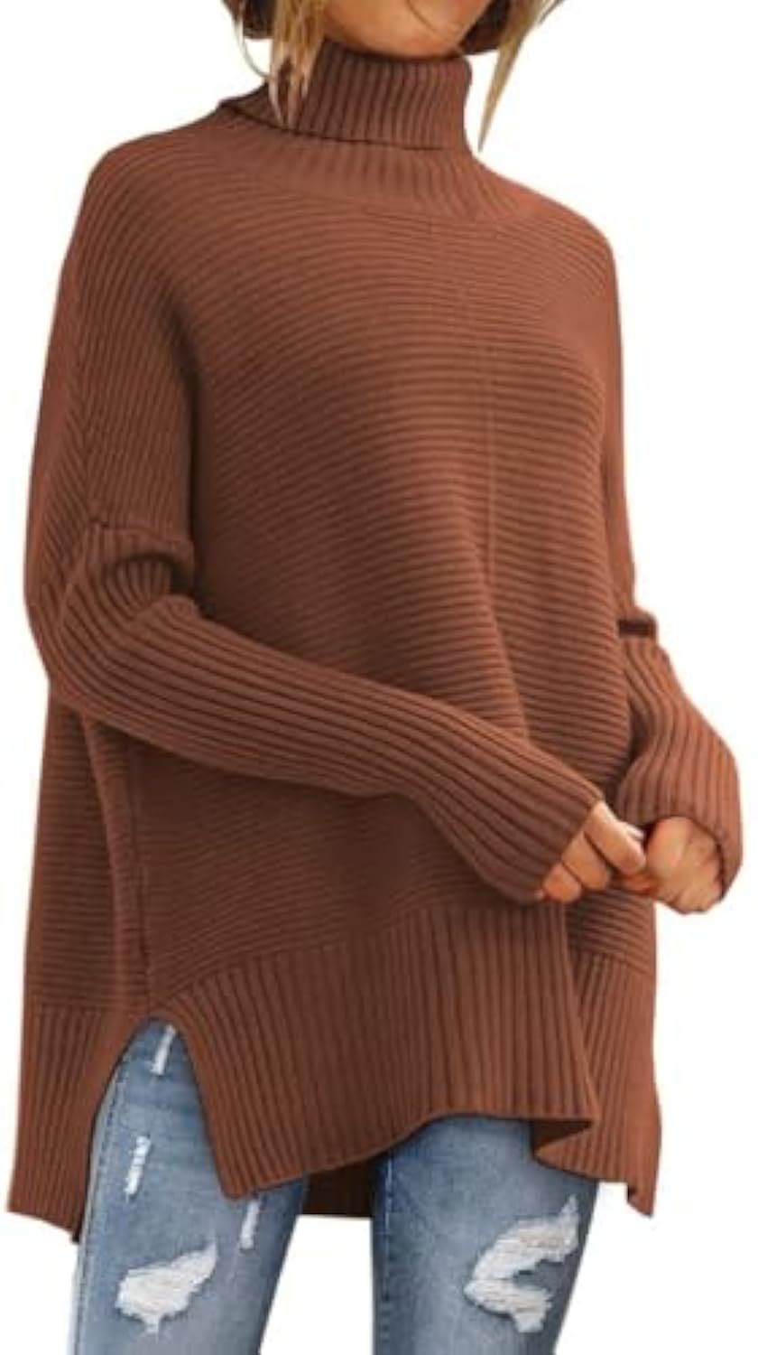 Pull à col roulé oversize en maille côtelée pour femmes avec fentes latérales et ourlet allongé