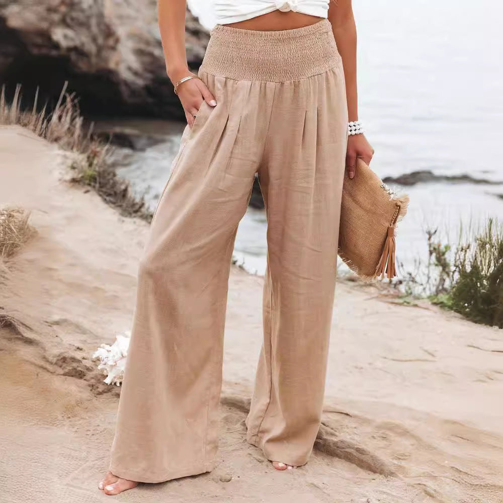 Pantalons larges smockés taille haute en mélange de lin pour femmes Echoarchiv