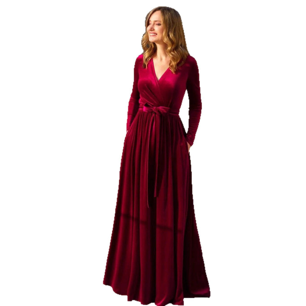 Robe maxi portefeuille élégante en velours pour femmes avec décolleté en V, ceinture à la taille et poches latérales Echo Archiv