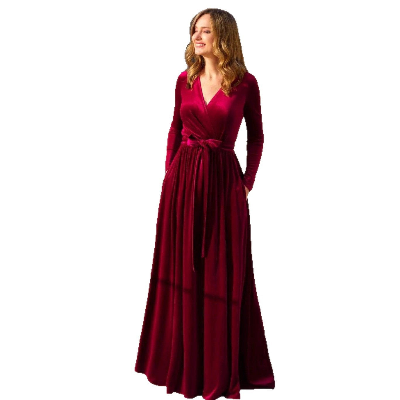 Robe maxi portefeuille élégante en velours pour femmes avec décolleté en V, ceinture à la taille et poches latérales Echo Archiv
