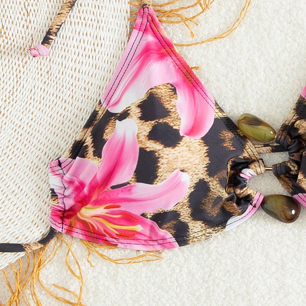 Ensemble de bikini triangle pour femmes avec motif floral léopard R&B