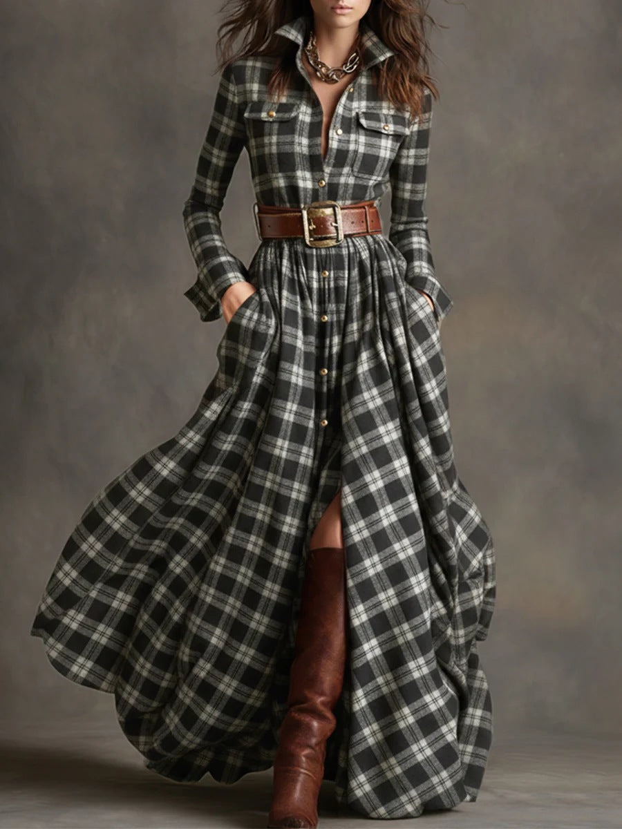 Robe Maxi à Carreaux pour Femmes avec Haut de Chemise, Taille Cintrée et Poches Latérales Echoarchiv