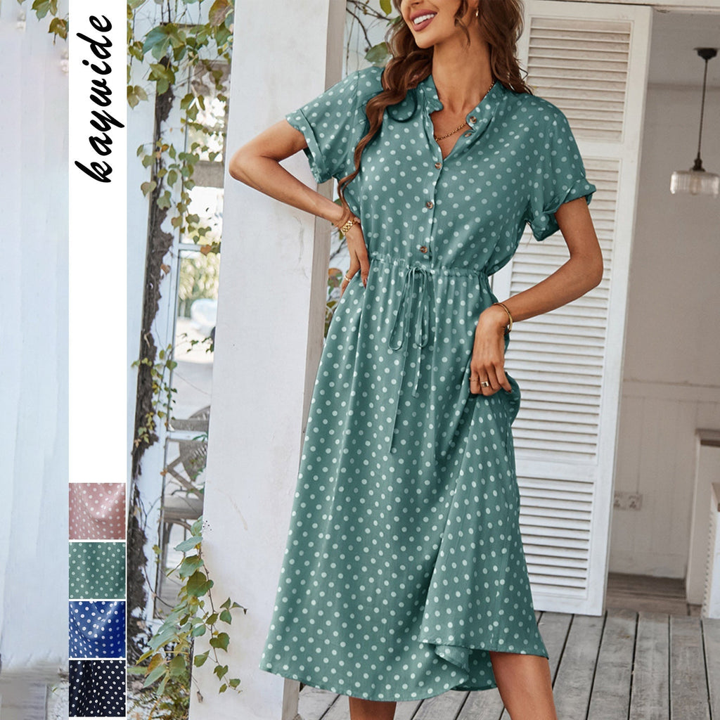 Robe midi pour dames avec des pois, des boutons et une ceinture à nouer