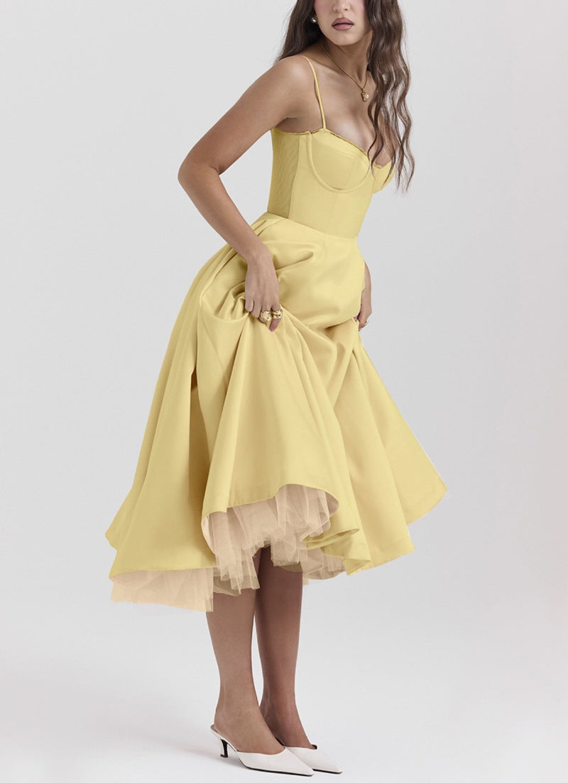 Robe midi rétro inspirée pour femmes avec corsage, coutures sous la poitrine, jupe évasée et poches latérales R&B