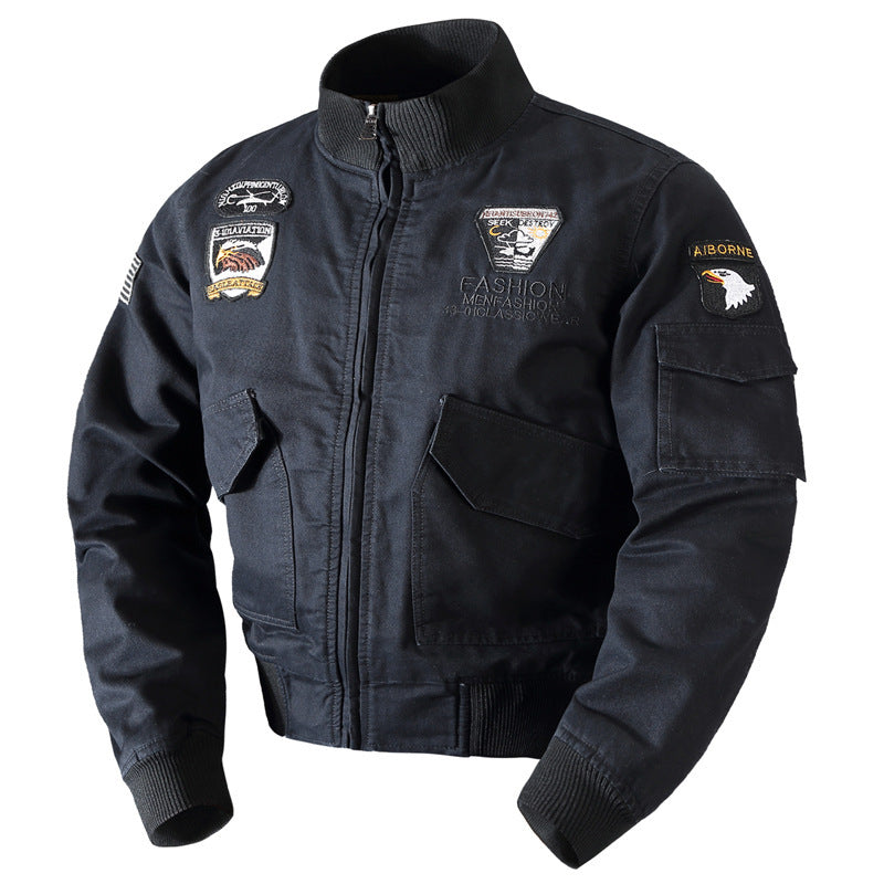 Veste pilote rétro-inspirée pour hommes en toile résistante avec écussons brodés, poche multifonction sur la manche et col montant Echo Archiv