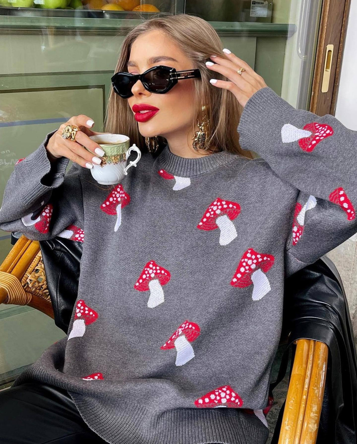 Pull en tricot pour femmes avec motif de champignon, encolure ronde, bords côtelés, Echo Archive