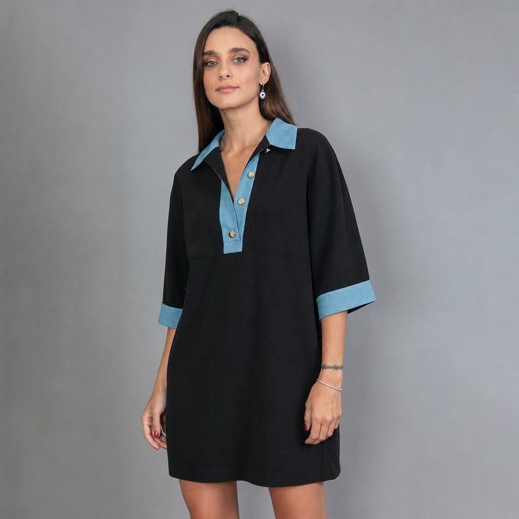 Tunique polo oversize pour femmes avec col contrasté et poches poitrine plaquées