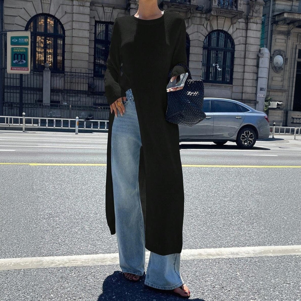 Tunique-pull long en maille fine pour dames avec fente latérale haute Echoarchiv