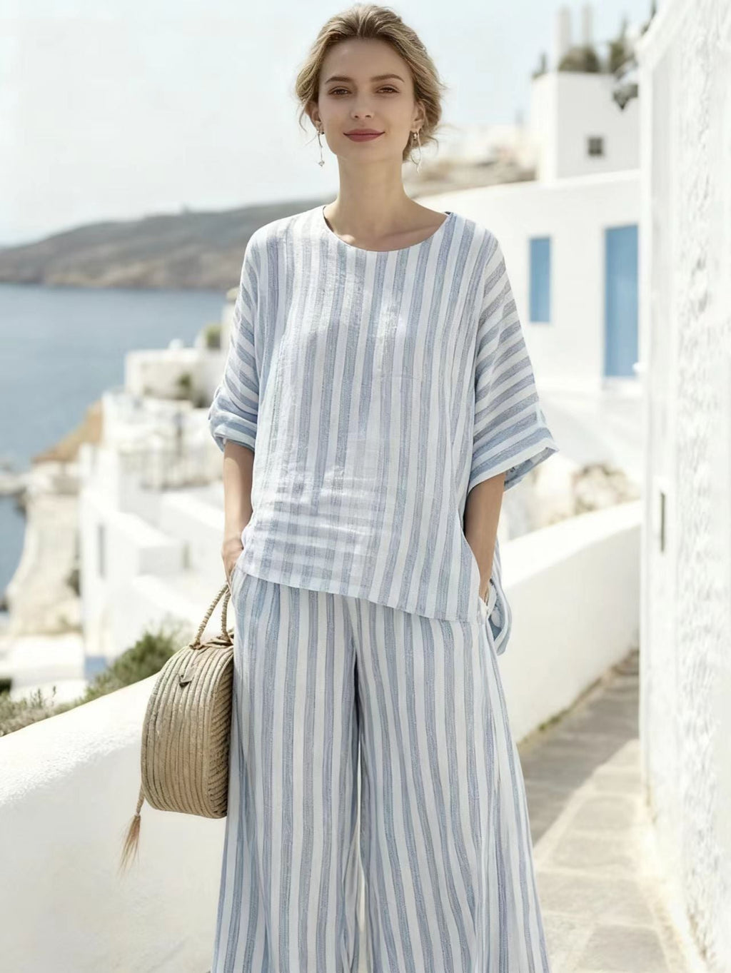 Ensemble de lounge en lin à rayures pour femmes, composé d'une blouse oversize et d'un palazzo taille haute