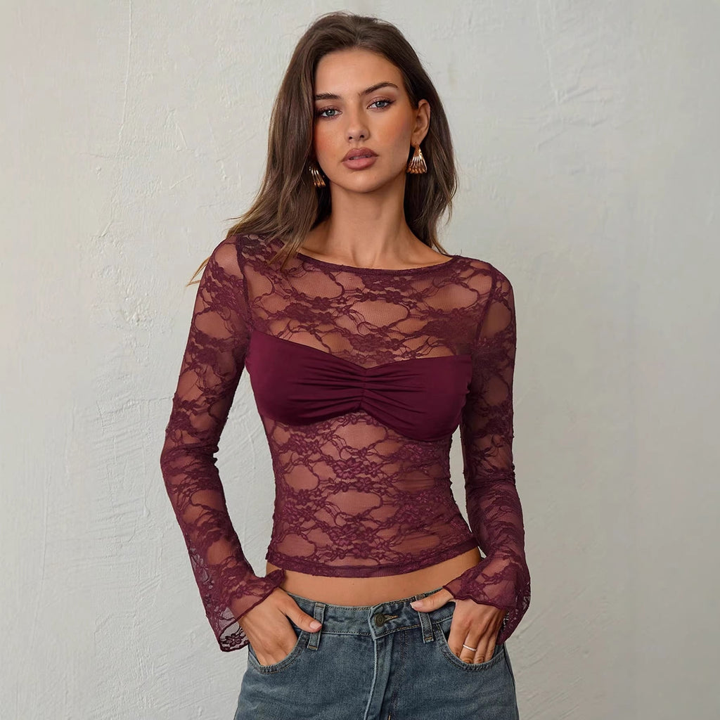 Top en dentelle cintré pour femmes avec bustier intégré et partie poitrine froncée R&B