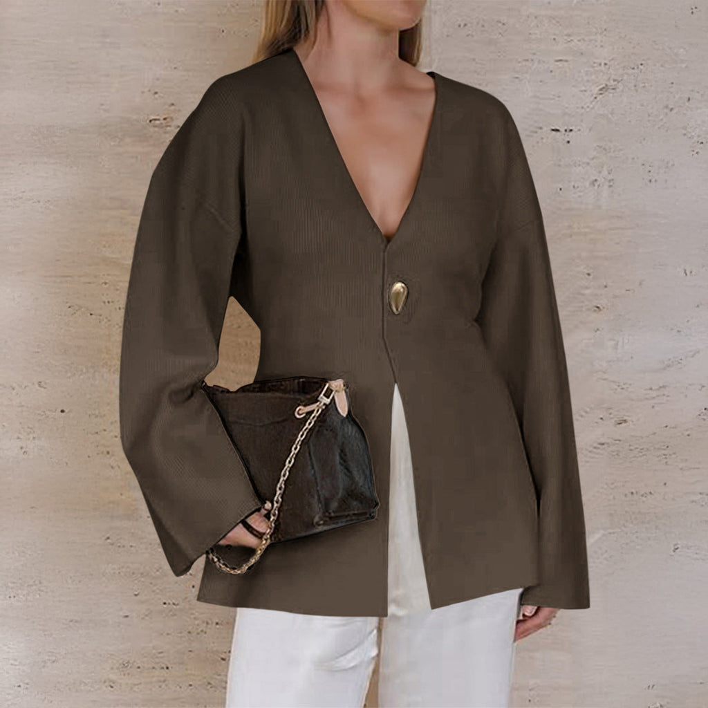 Cardigan fin ajusté pour dames avec décolleté en V, bouton décoratif et fente frontale Echo Archiv
