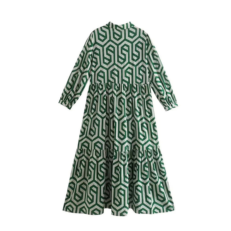 Robe à volants avec col chemise pour femme, imprimé géométrique en allover et taille froncée R&B