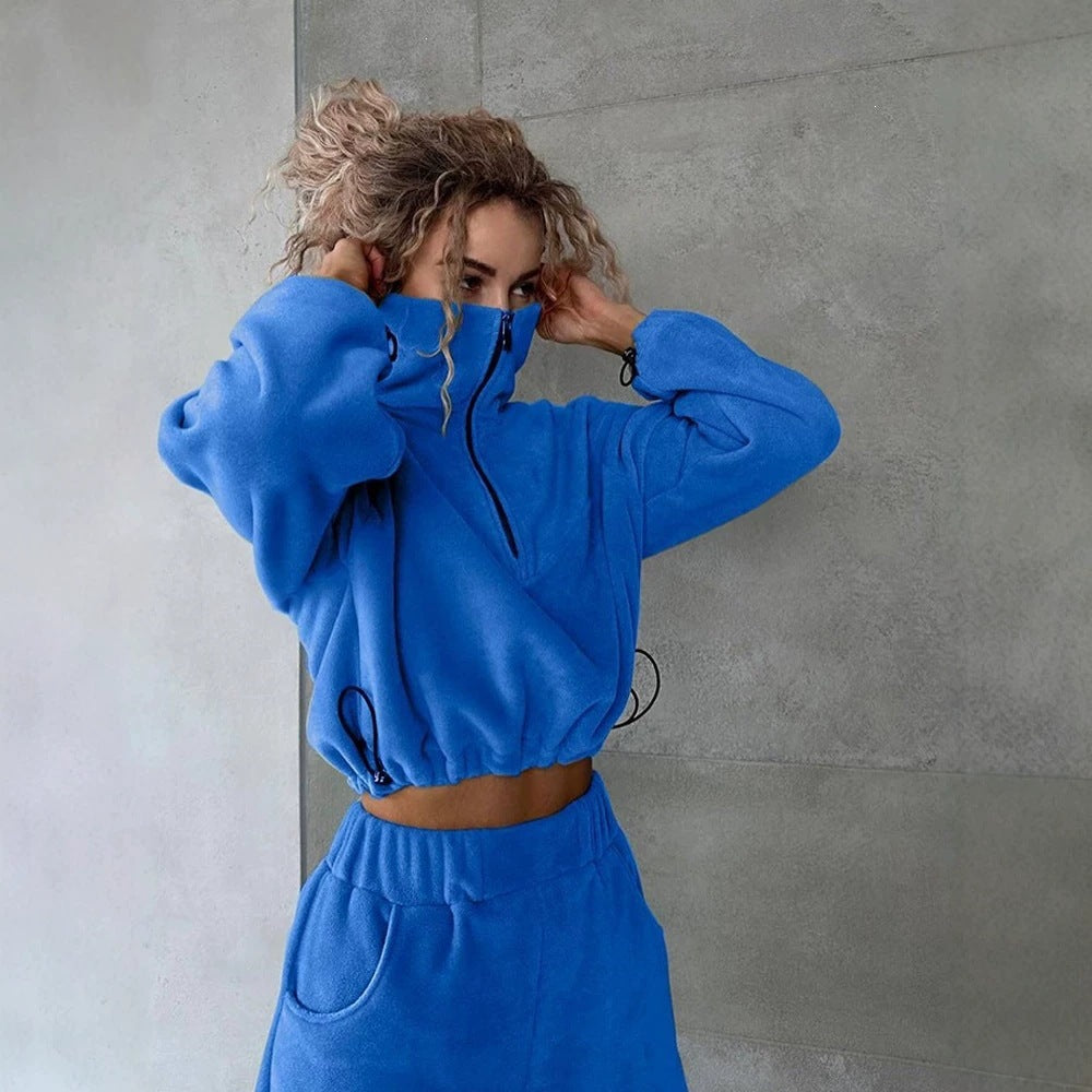 Sweat-shirt cropped en polaire pour femmes avec demi-zip et cordon de serrage Echoarchiv