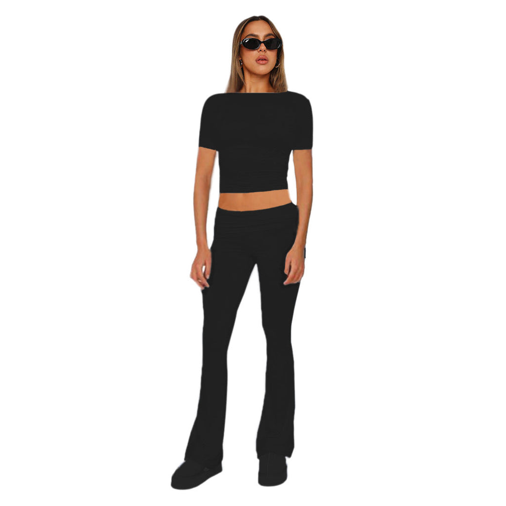 Ensemble femme crop en jersey stretch avec pantalon taille haute évasé Echoarchiv