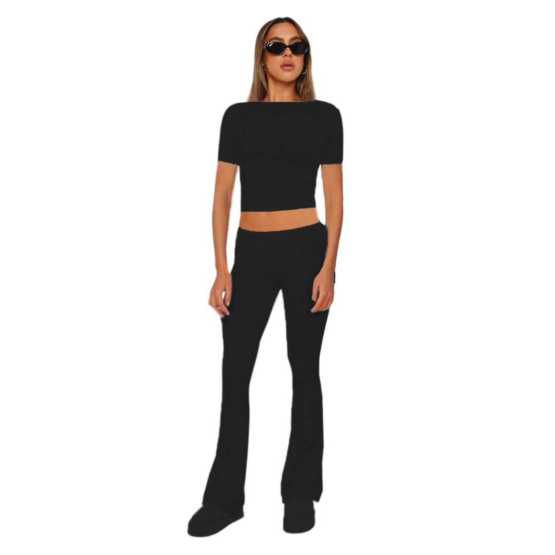 Ensemble femme crop en jersey stretch avec pantalon taille haute évasé Echoarchiv