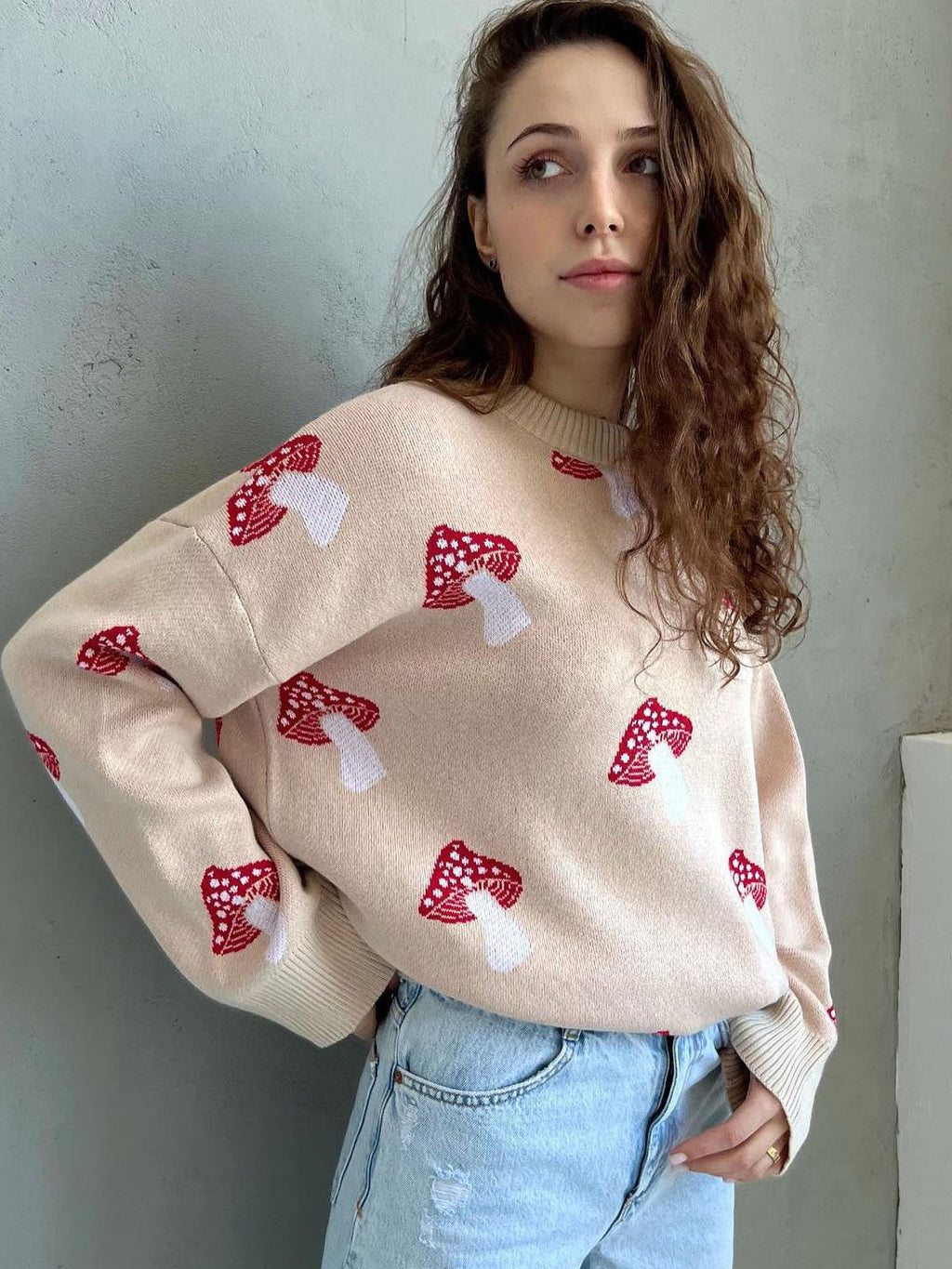Pull en tricot pour femmes avec motif de champignon, encolure ronde, bords côtelés, Echo Archive