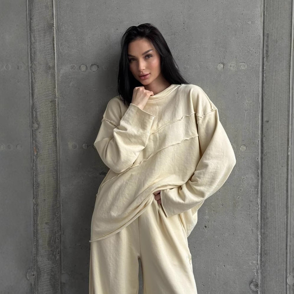 Ensemble lounge oversize doux pour femmes avec coutures décoratives diagonales et pantalon palazzo extra large Echo Archive