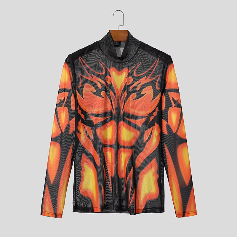 T-shirt long transparent en mesh pour hommes avec impression musculaire 3D Echoarchiv